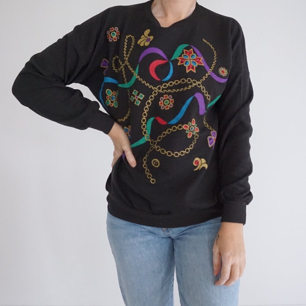 Vintage LAPS Black Graphic Chain Print Jewels Sweatshirt Bold Retro Whimsigoth S